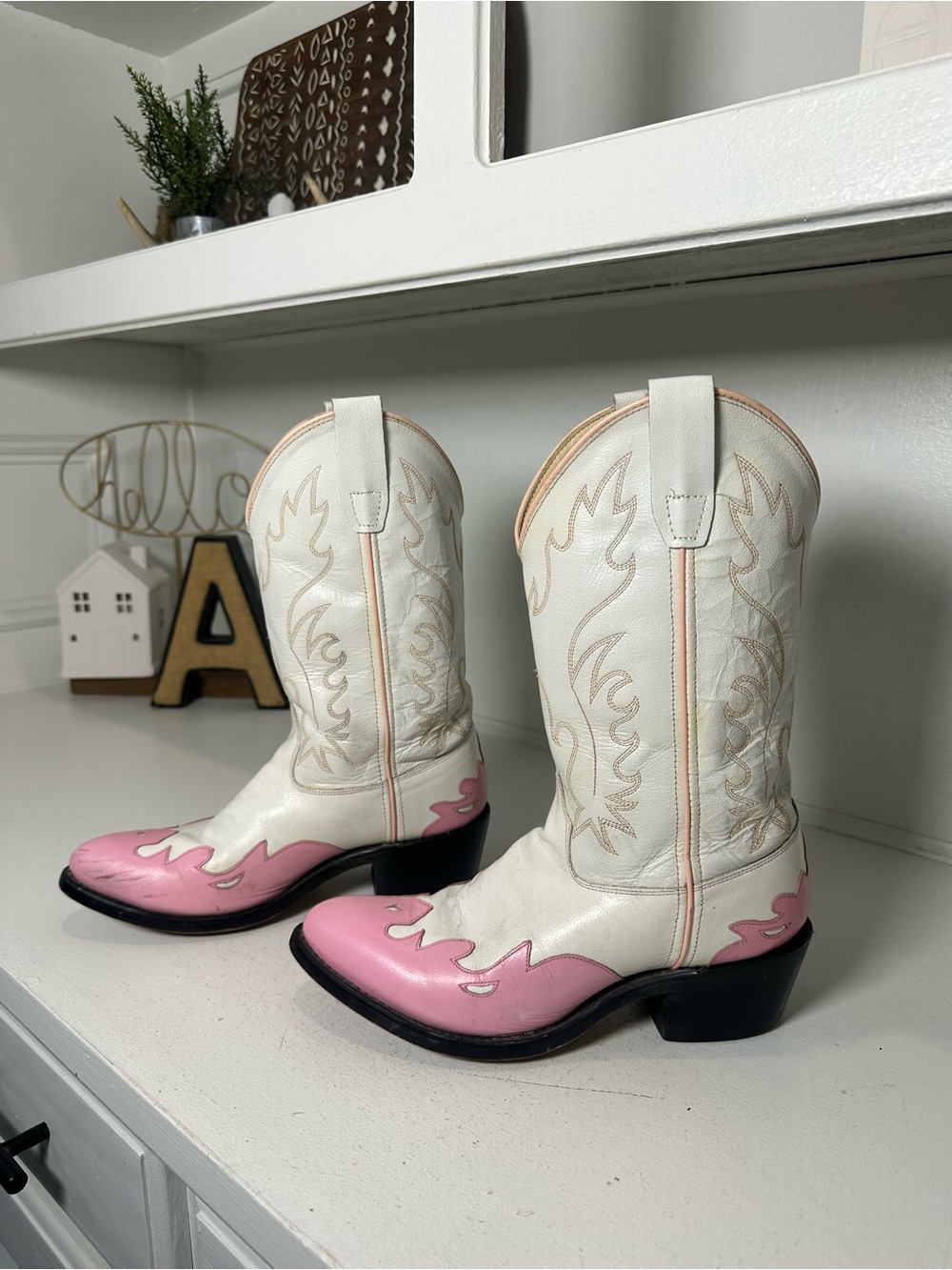 Old West Cowboy Boots Womens 6 Pink White Leather Western Cowgirl Boots Y2K